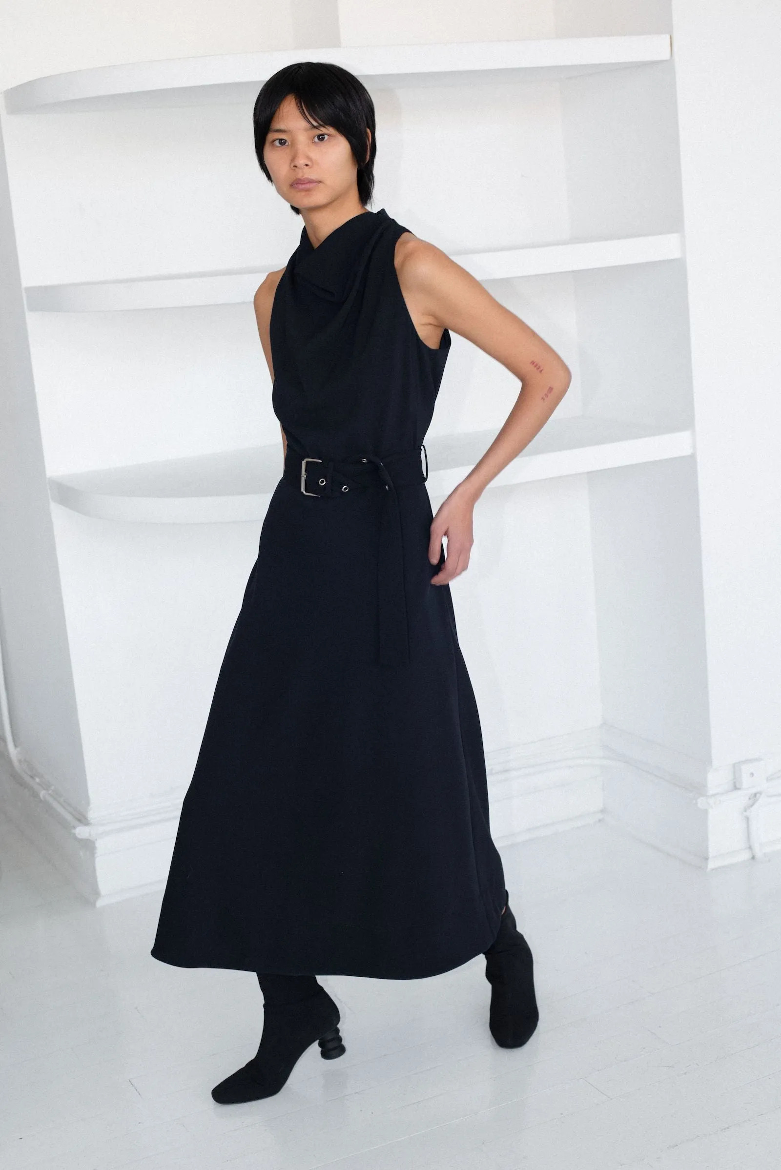 Belted Cowl Dress - Midnight