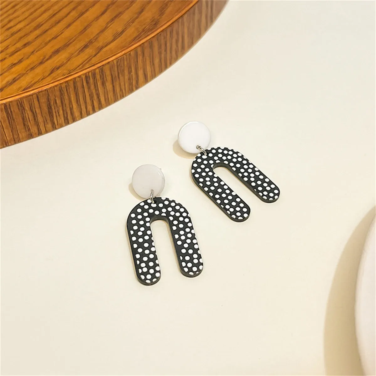 Black Acrylic & Silver-Plated Spotted U-Shape Drop Earrings