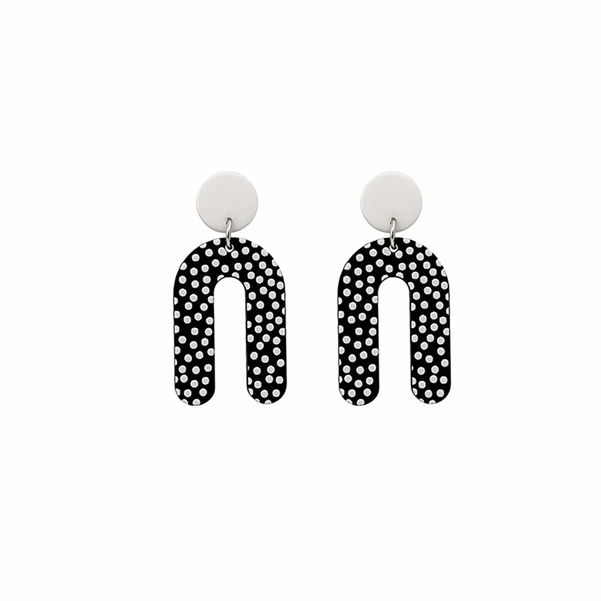 Black Acrylic & Silver-Plated Spotted U-Shape Drop Earrings