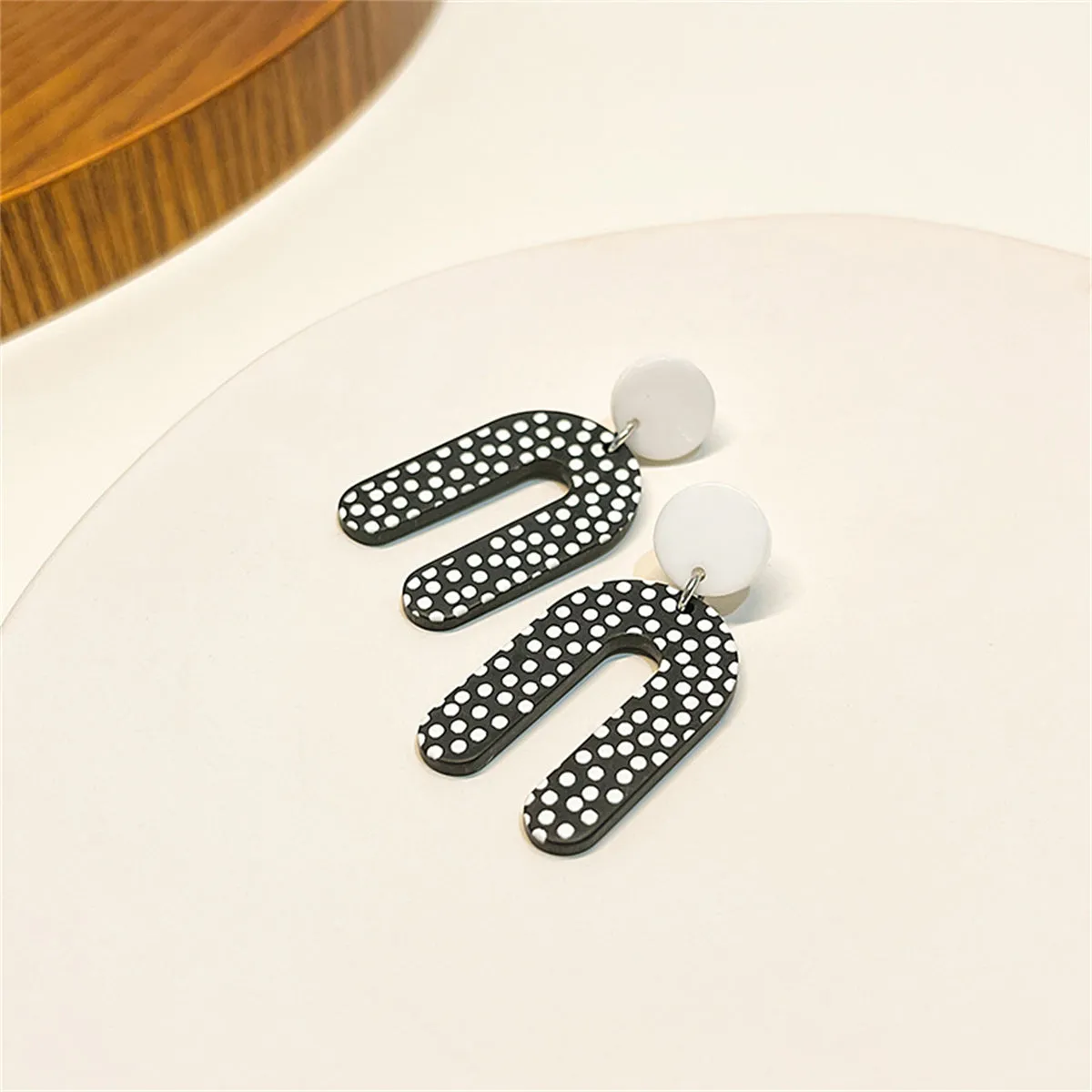 Black Acrylic & Silver-Plated Spotted U-Shape Drop Earrings