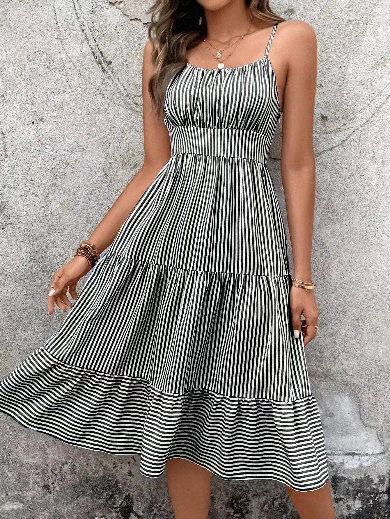 Black & White Striped spaghetti strap midi dress