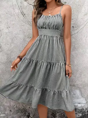 Black & White Striped spaghetti strap midi dress