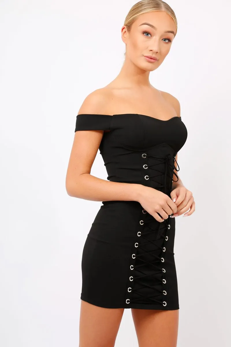 Black Off Shoulder Centre Eyelet Dress - Callie