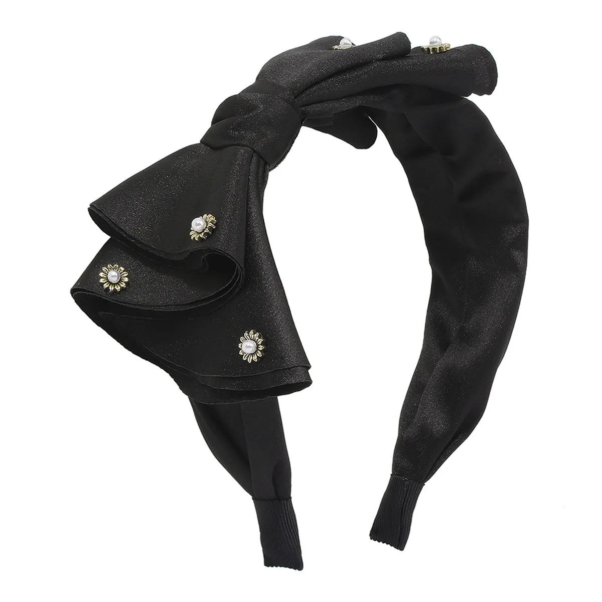Black Polyster & Pearl Sunflower Bow Hard Headband