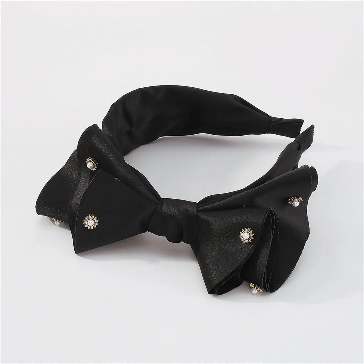 Black Polyster & Pearl Sunflower Bow Hard Headband