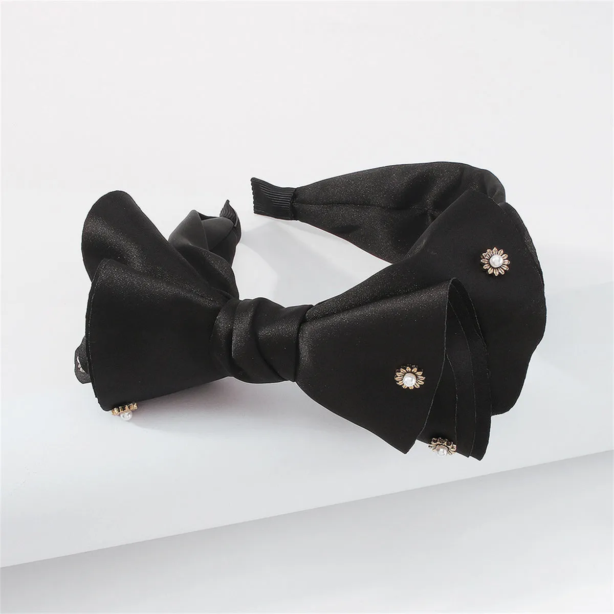 Black Polyster & Pearl Sunflower Bow Hard Headband