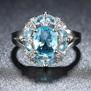 Blue Crystal & Cubic Zirconia Ornate Oval-Cut Ring