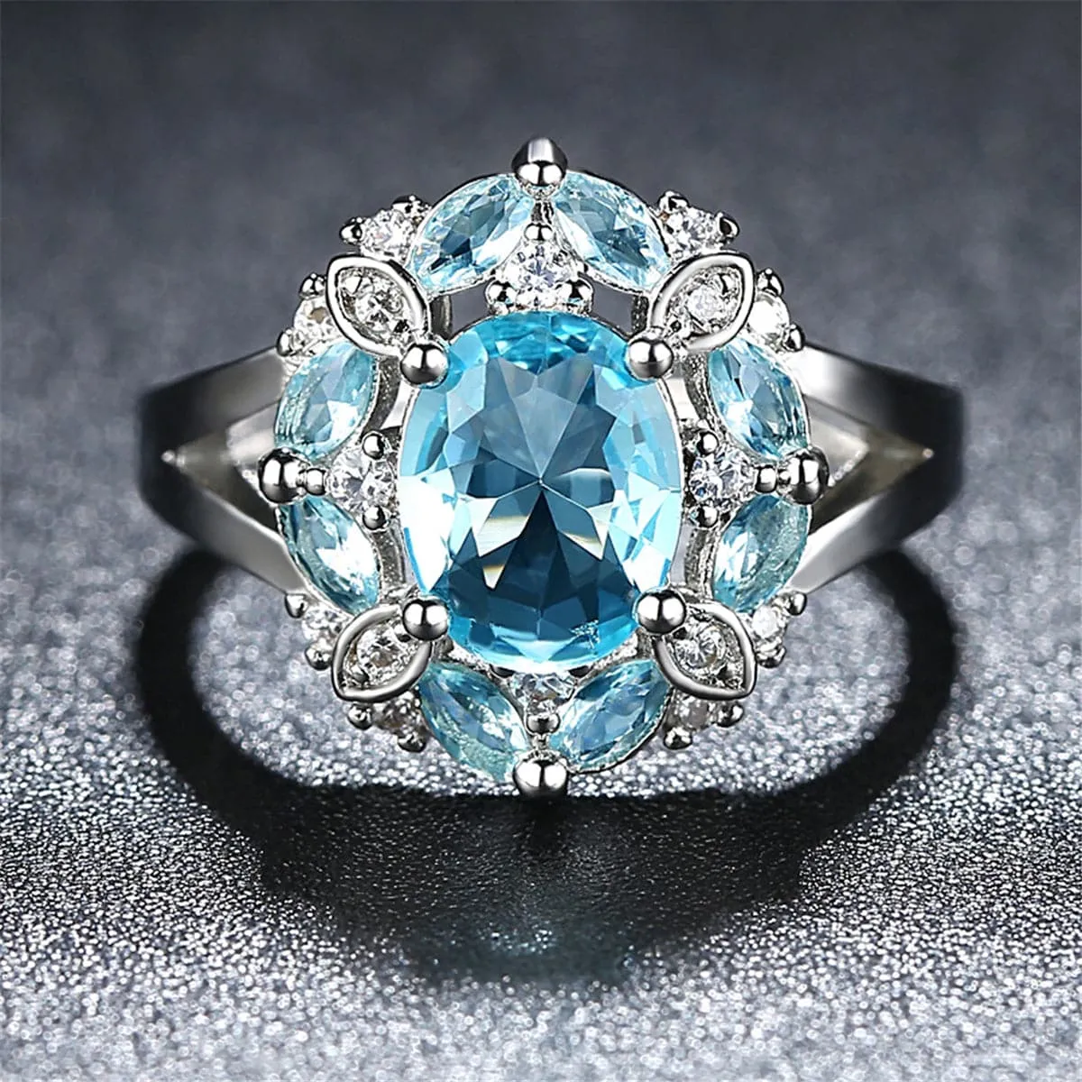 Blue Crystal & Cubic Zirconia Ornate Oval-Cut Ring