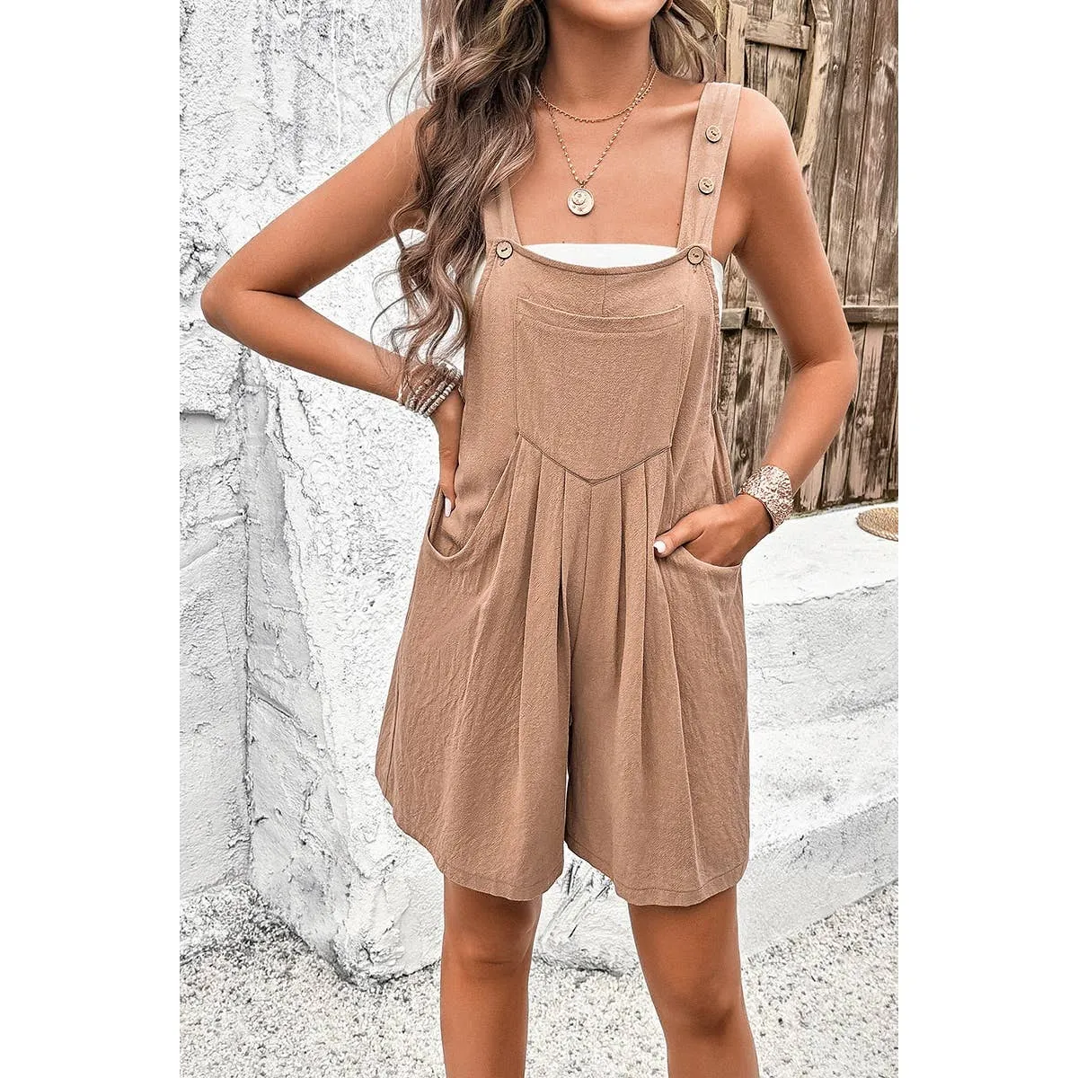 Brown Square Neck Pockets Button Tirm Ruched Romper