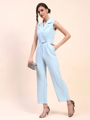 Camla Barcelona Notch Lapel Gurkha Belted Sky Blue Jumpsuit