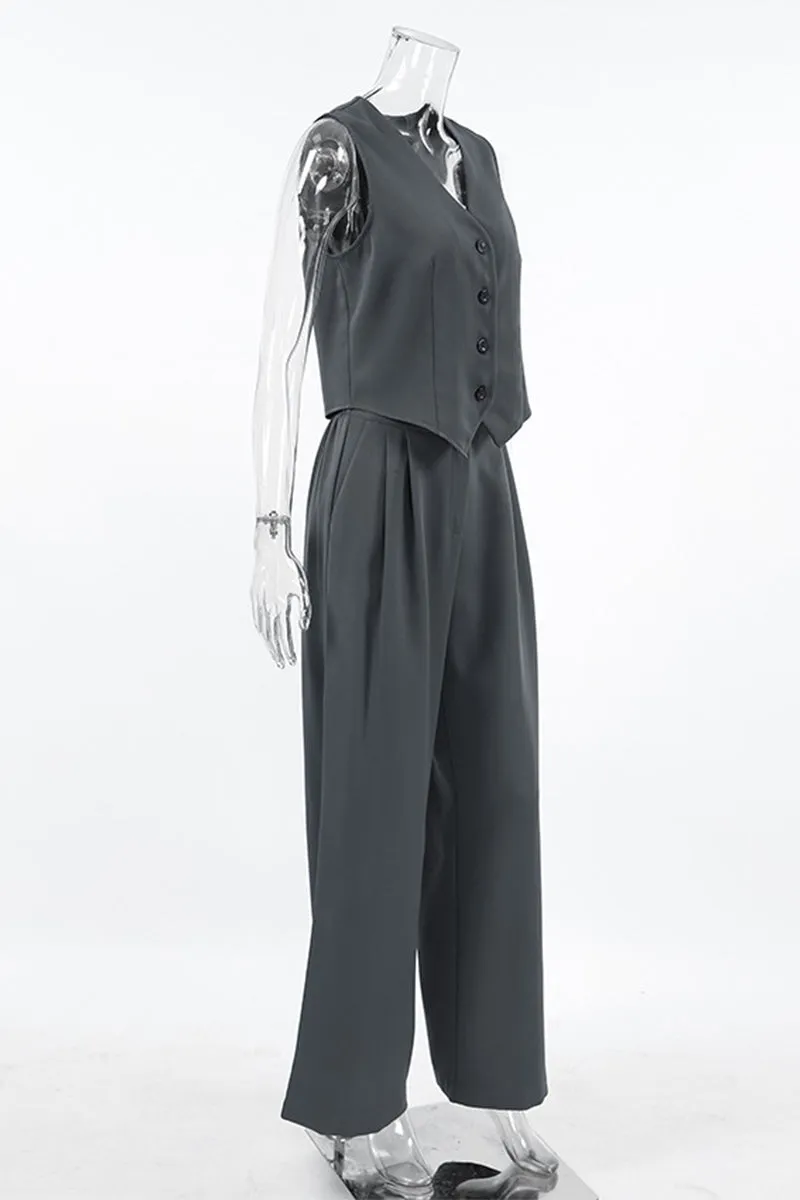 Casual Daily Solid Color Buckle Ruched V Neck Sleeveless Two Pieces