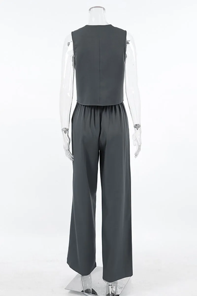 Casual Daily Solid Color Buckle Ruched V Neck Sleeveless Two Pieces