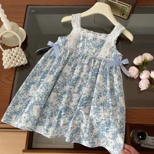Child Girl Summer Backless Sleeveless Dress Baby Girl Blue and White Porcelain Floral Bow Suspenders Princess Dress