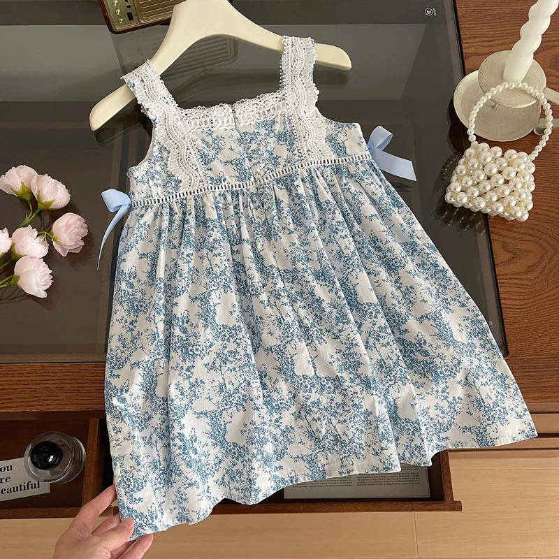 Child Girl Summer Backless Sleeveless Dress Baby Girl Blue and White Porcelain Floral Bow Suspenders Princess Dress