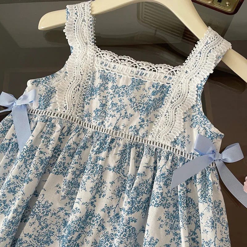 Child Girl Summer Backless Sleeveless Dress Baby Girl Blue and White Porcelain Floral Bow Suspenders Princess Dress