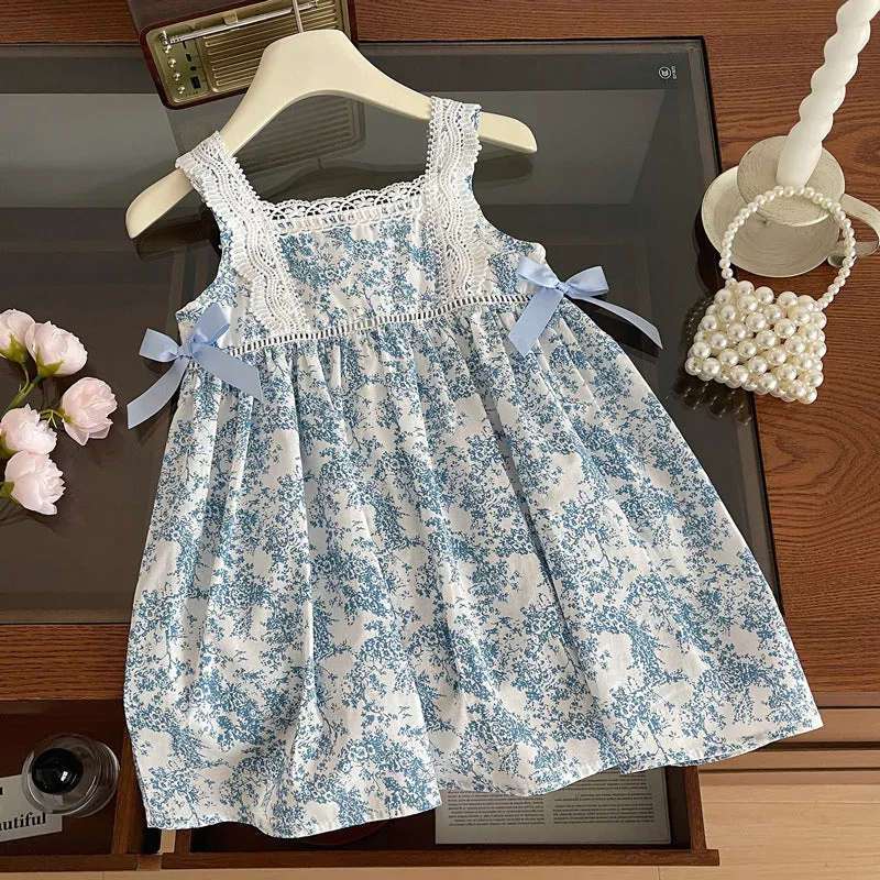Child Girl Summer Backless Sleeveless Dress Baby Girl Blue and White Porcelain Floral Bow Suspenders Princess Dress