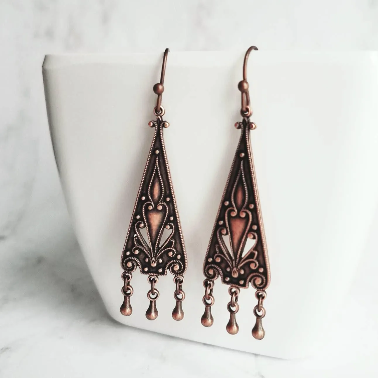 Copper Chandelier Earrings - oxidized dangle teardrops on ornate flourish triangle, handmade antique boho style, 2 inch rustic earring