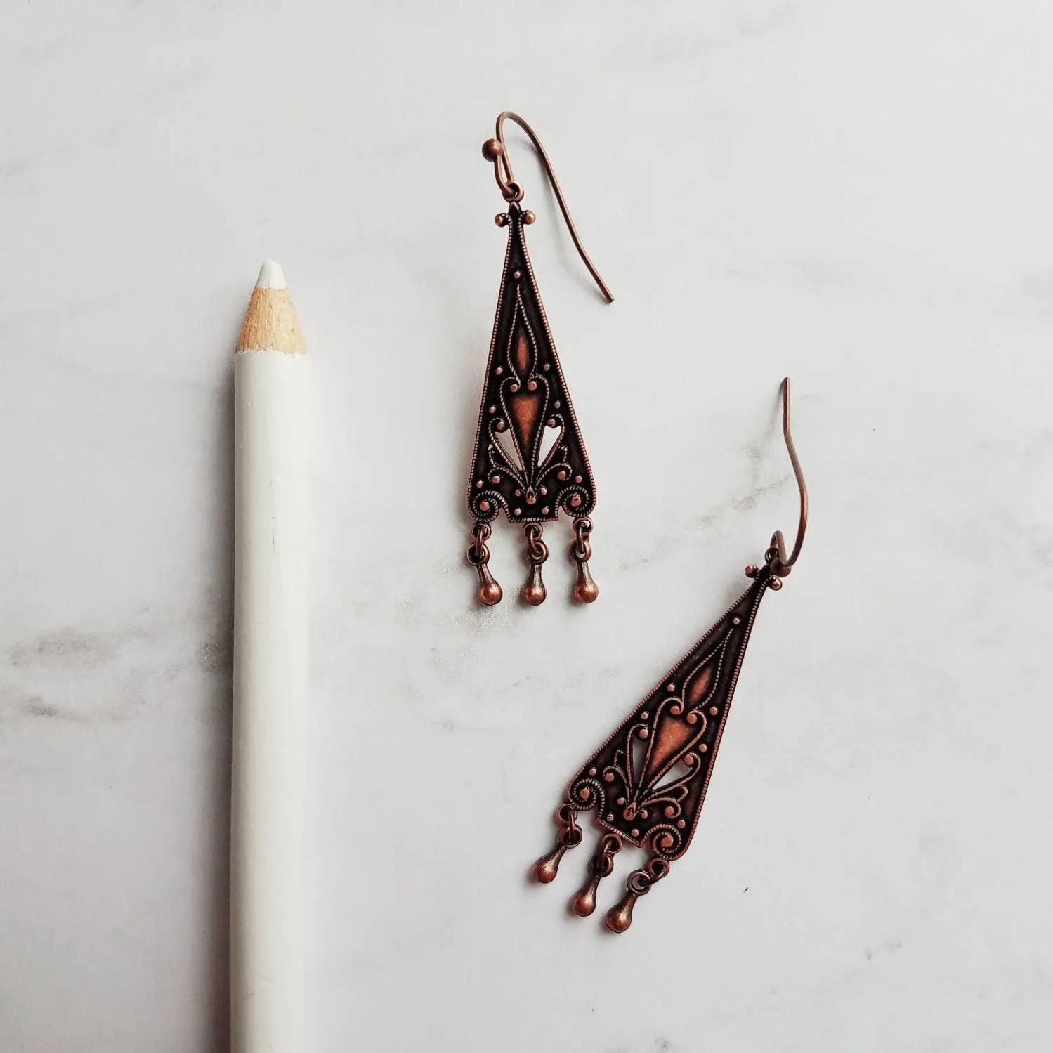 Copper Chandelier Earrings - oxidized dangle teardrops on ornate flourish triangle, handmade antique boho style, 2 inch rustic earring