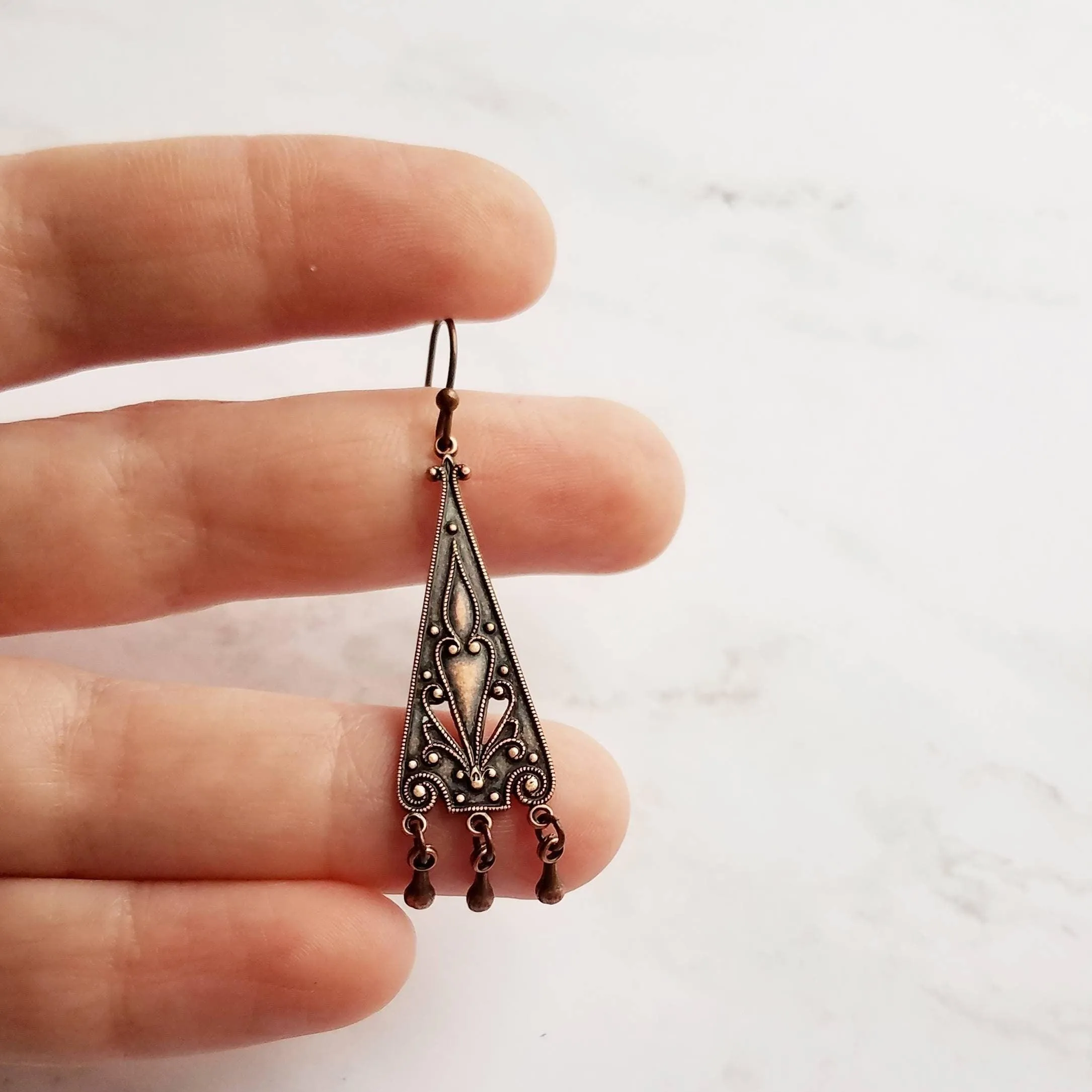 Copper Chandelier Earrings - oxidized dangle teardrops on ornate flourish triangle, handmade antique boho style, 2 inch rustic earring