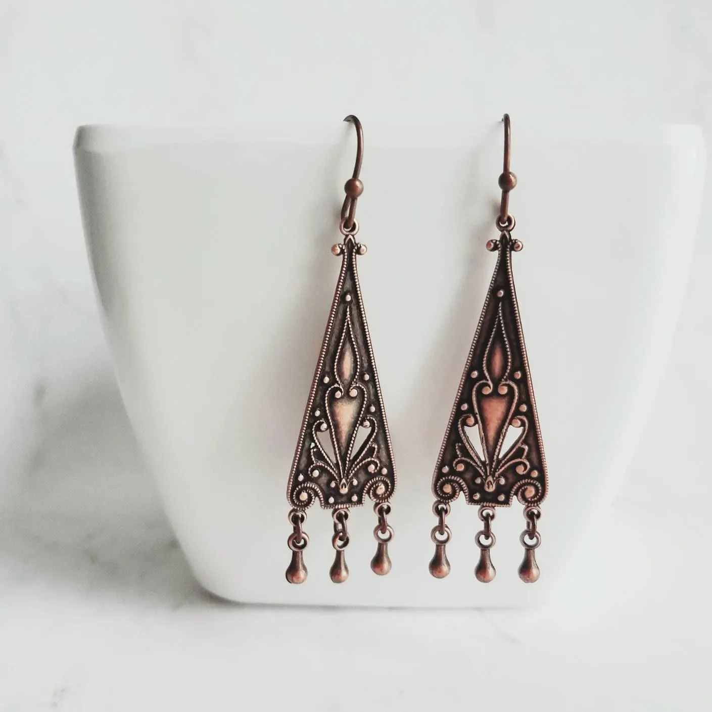 Copper Chandelier Earrings - oxidized dangle teardrops on ornate flourish triangle, handmade antique boho style, 2 inch rustic earring