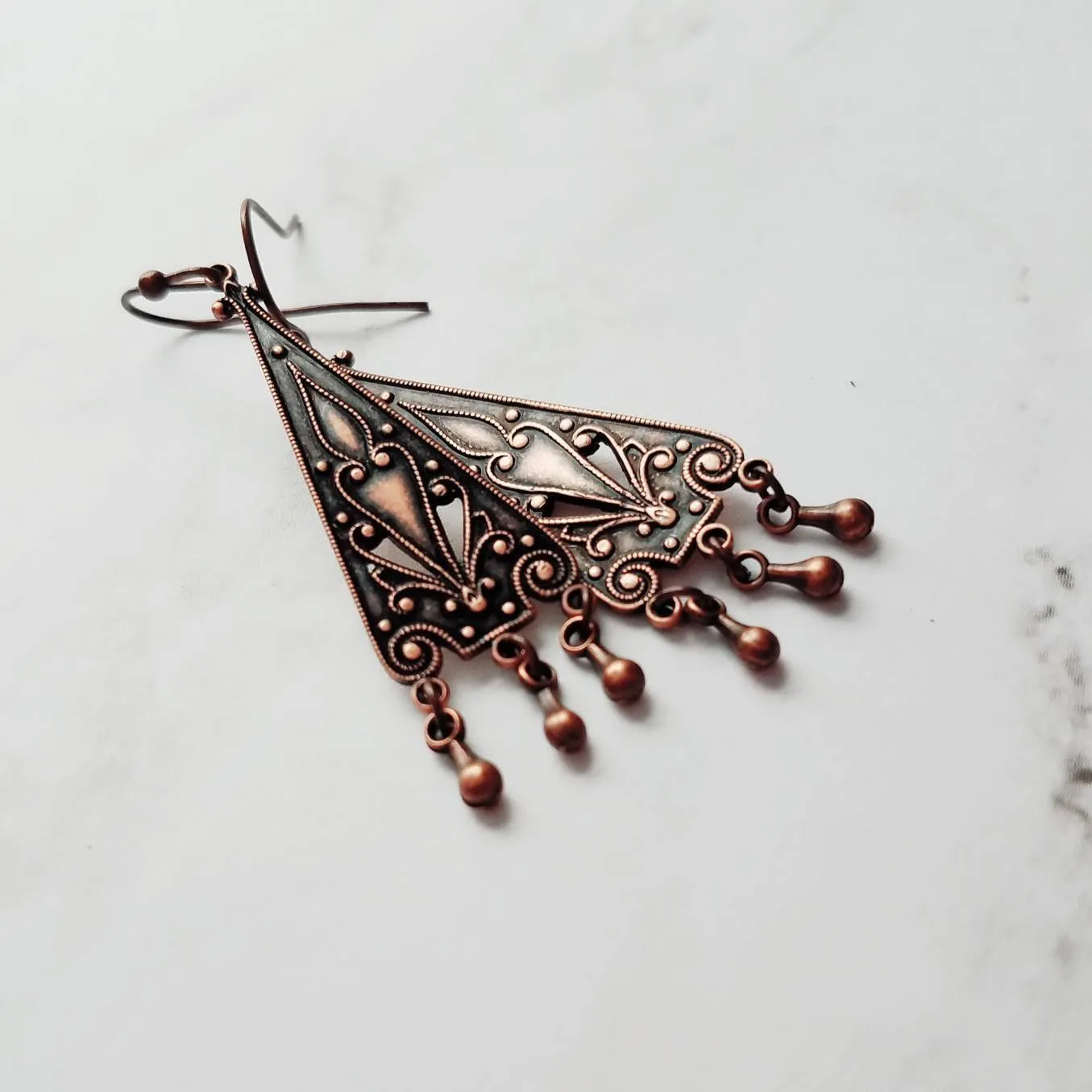 Copper Chandelier Earrings - oxidized dangle teardrops on ornate flourish triangle, handmade antique boho style, 2 inch rustic earring