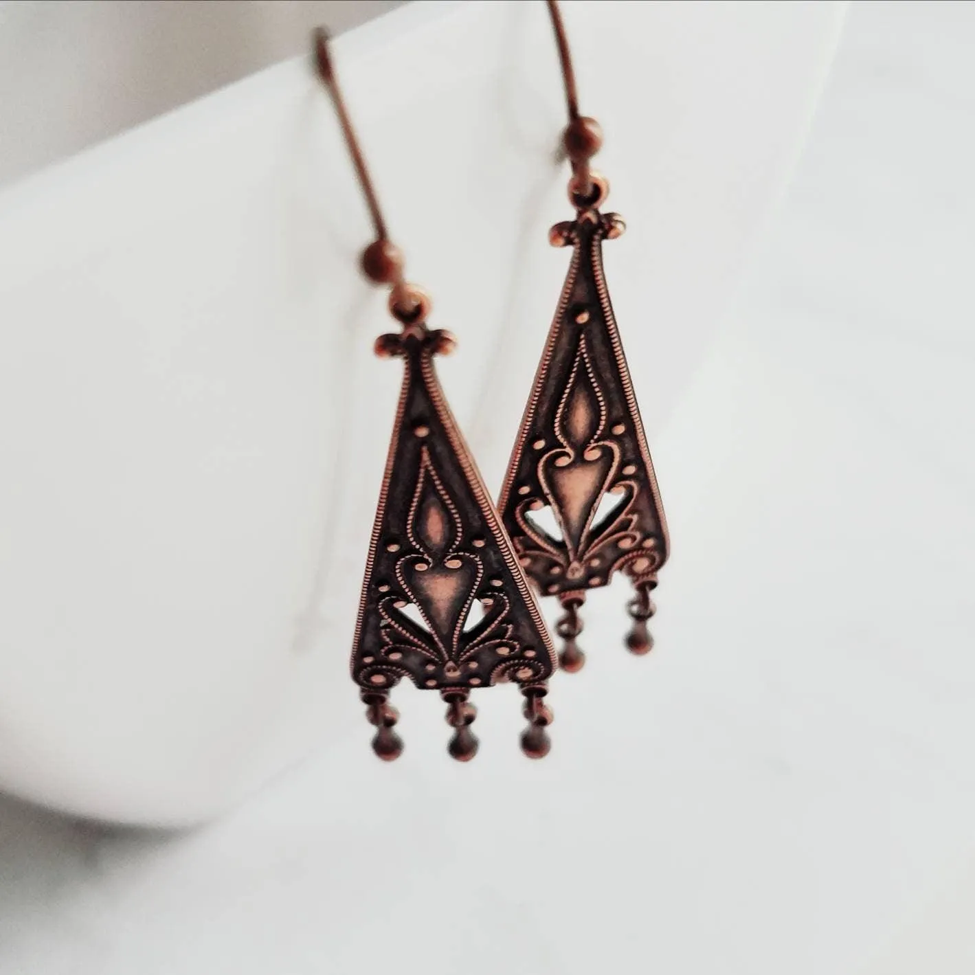 Copper Chandelier Earrings - oxidized dangle teardrops on ornate flourish triangle, handmade antique boho style, 2 inch rustic earring