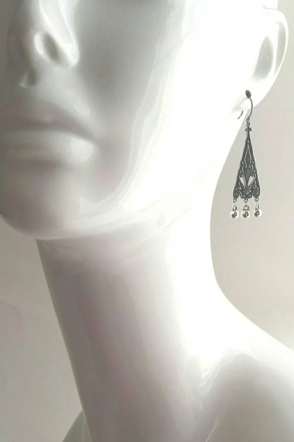 Copper Chandelier Earrings - oxidized dangle teardrops on ornate flourish triangle, handmade antique boho style, 2 inch rustic earring