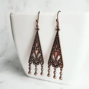 Copper Chandelier Earrings - oxidized dangle teardrops on ornate flourish triangle, handmade antique boho style, 2 inch rustic earring