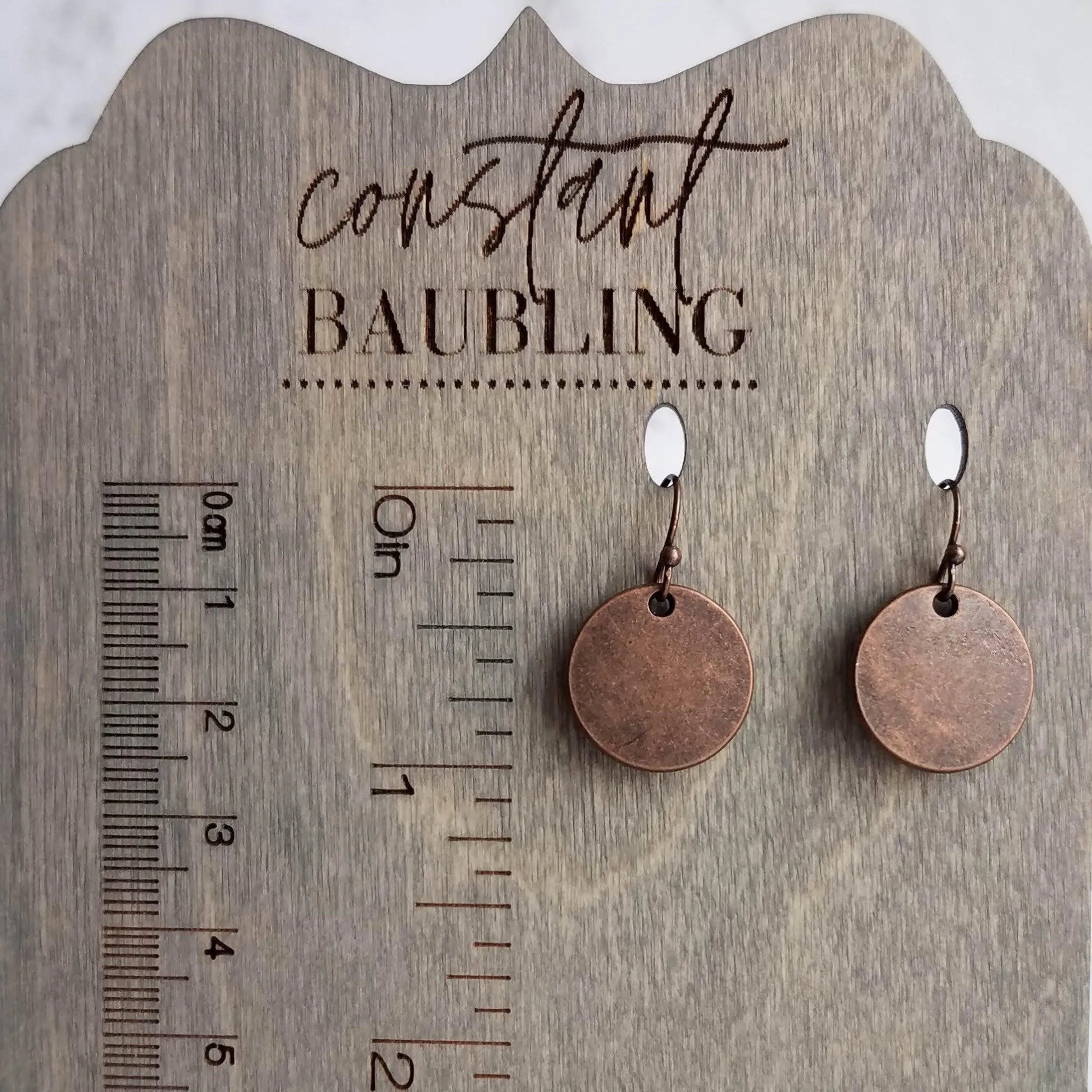 Copper Disk Earrings, aged copper earring, copper circle earring, flat circle earring, small copper disk earring antique copper disk earring
