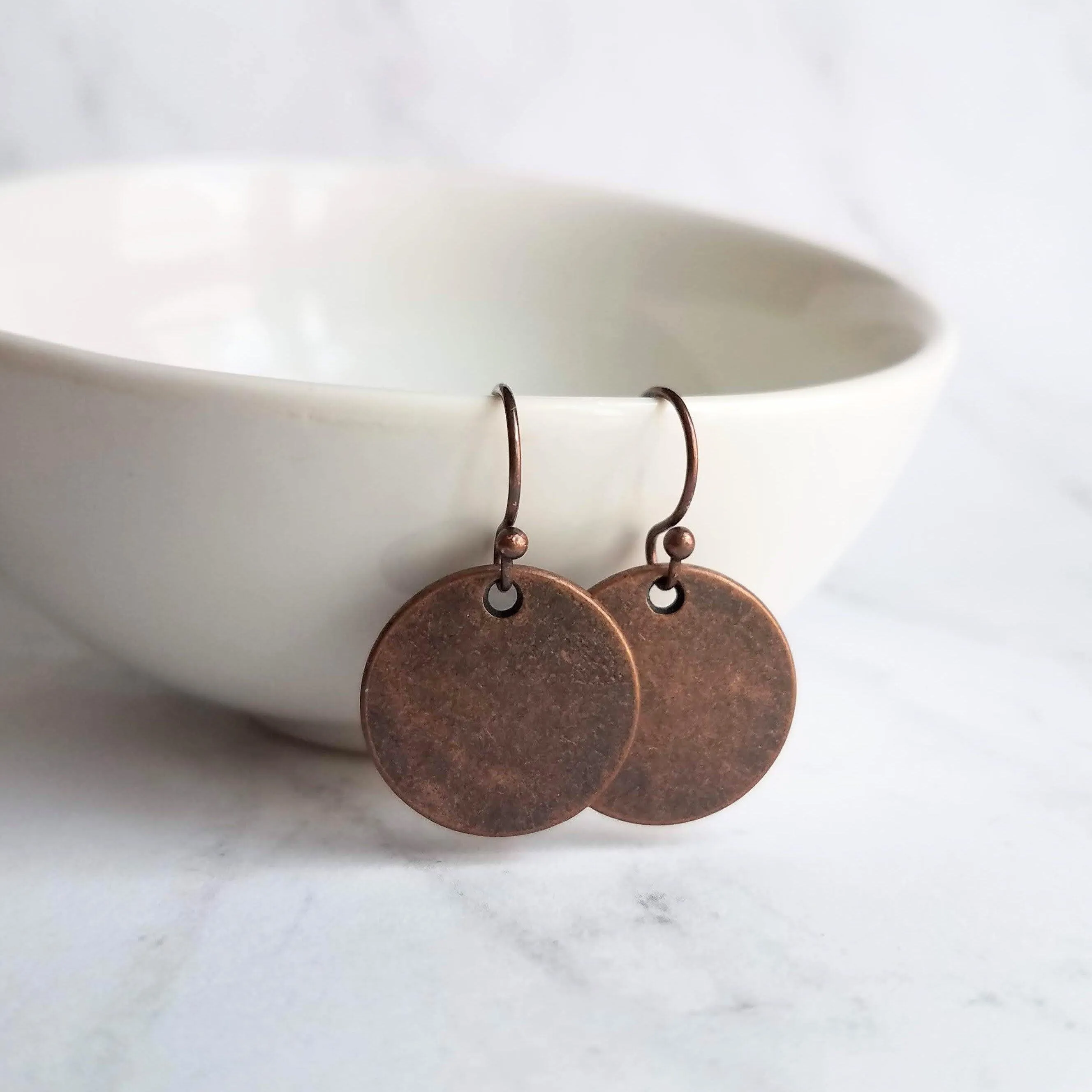 Copper Disk Earrings, aged copper earring, copper circle earring, flat circle earring, small copper disk earring antique copper disk earring