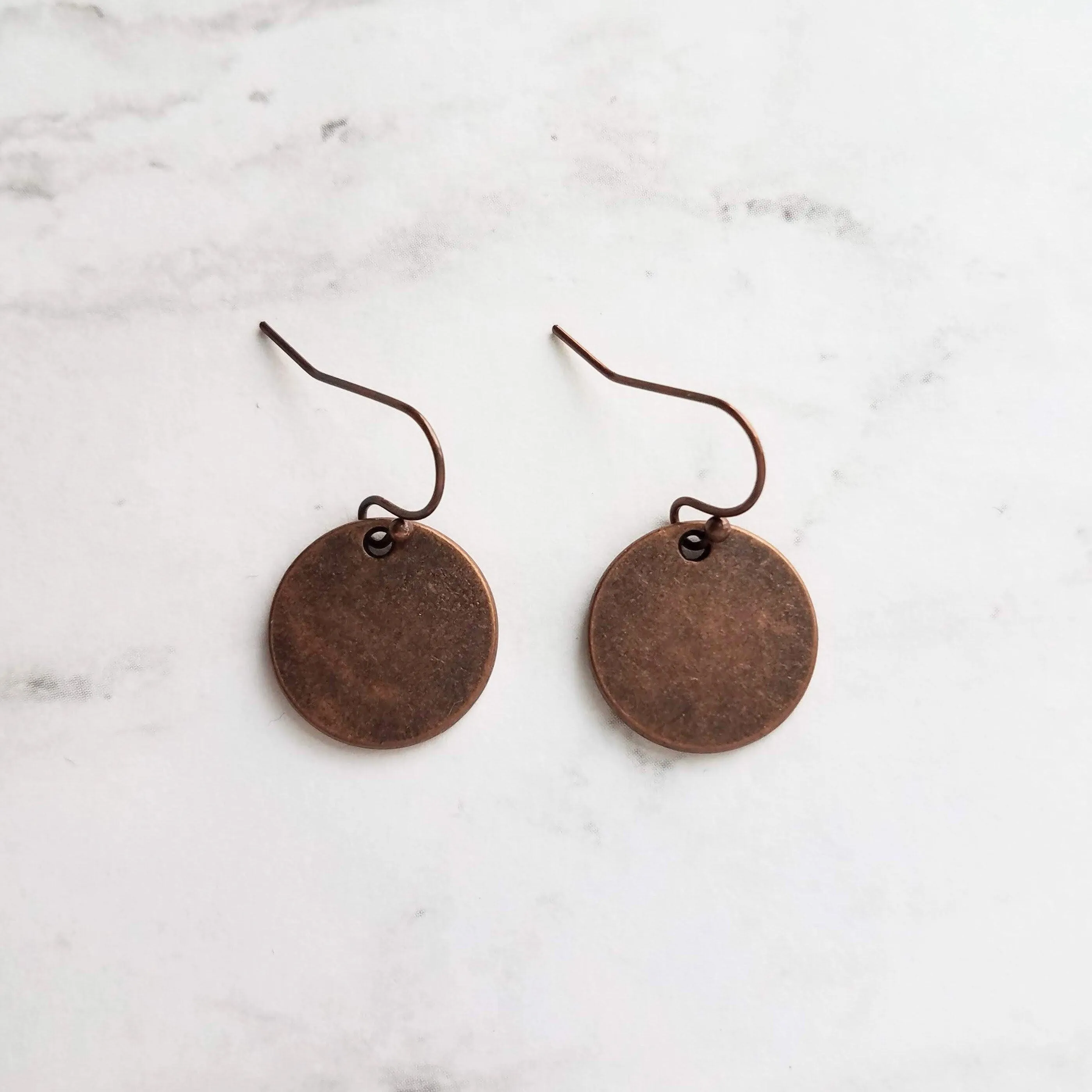 Copper Disk Earrings, aged copper earring, copper circle earring, flat circle earring, small copper disk earring antique copper disk earring