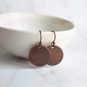 Copper Disk Earrings, aged copper earring, copper circle earring, flat circle earring, small copper disk earring antique copper disk earring
