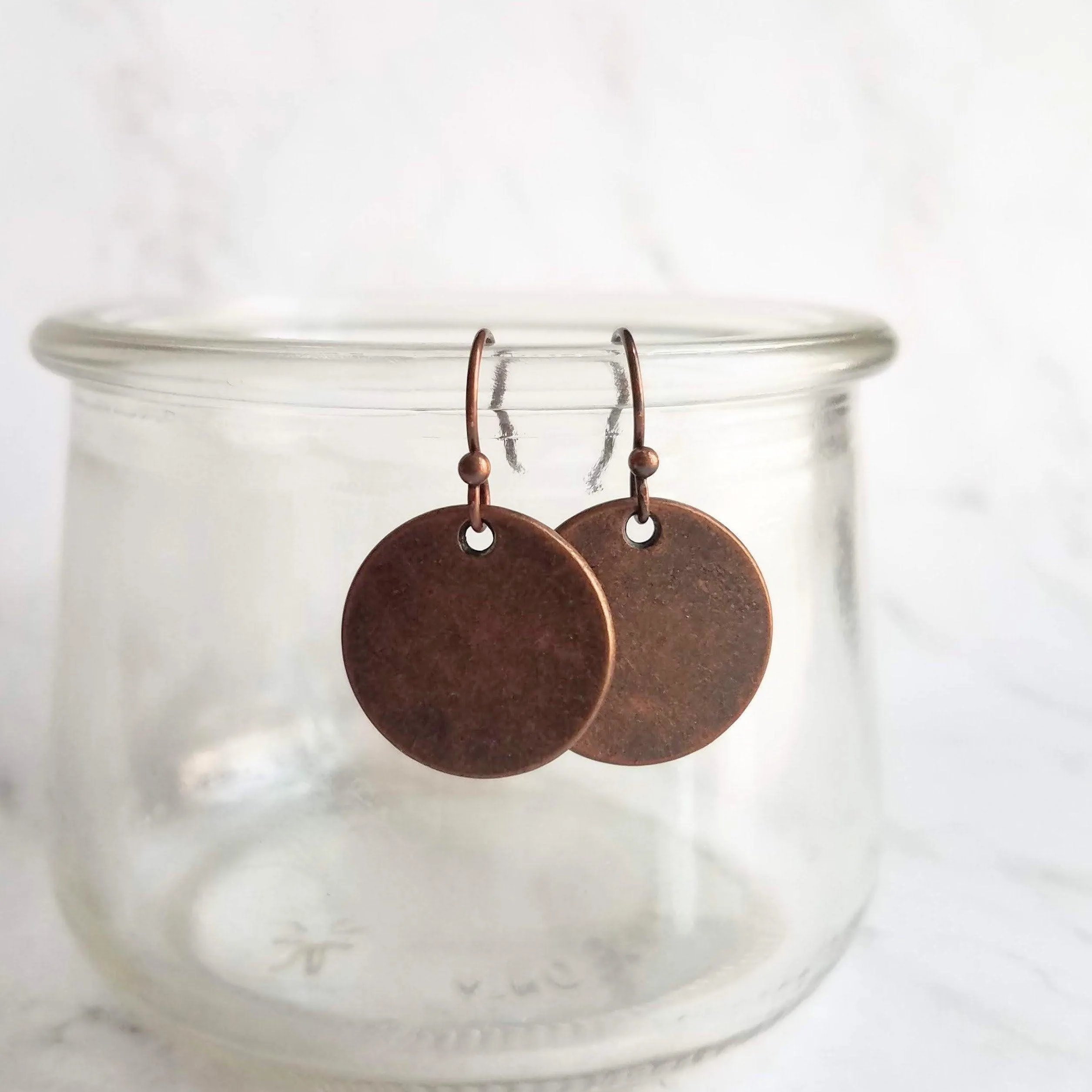 Copper Disk Earrings, aged copper earring, copper circle earring, flat circle earring, small copper disk earring antique copper disk earring