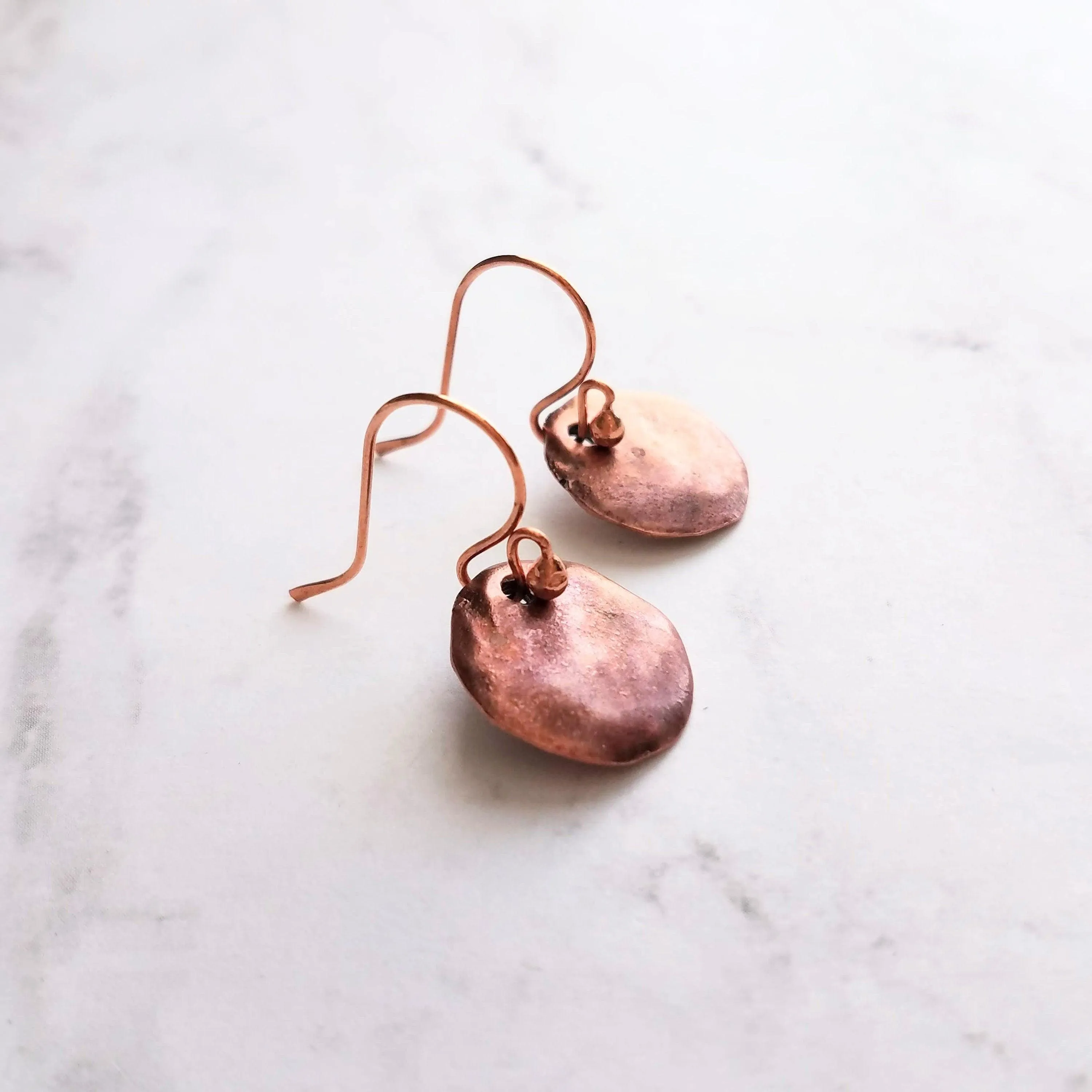Copper Disk Earrings, copper earrings, rustic earring, wavy disk earring, patina earring, blue green earring, verdigris patina, round disk
