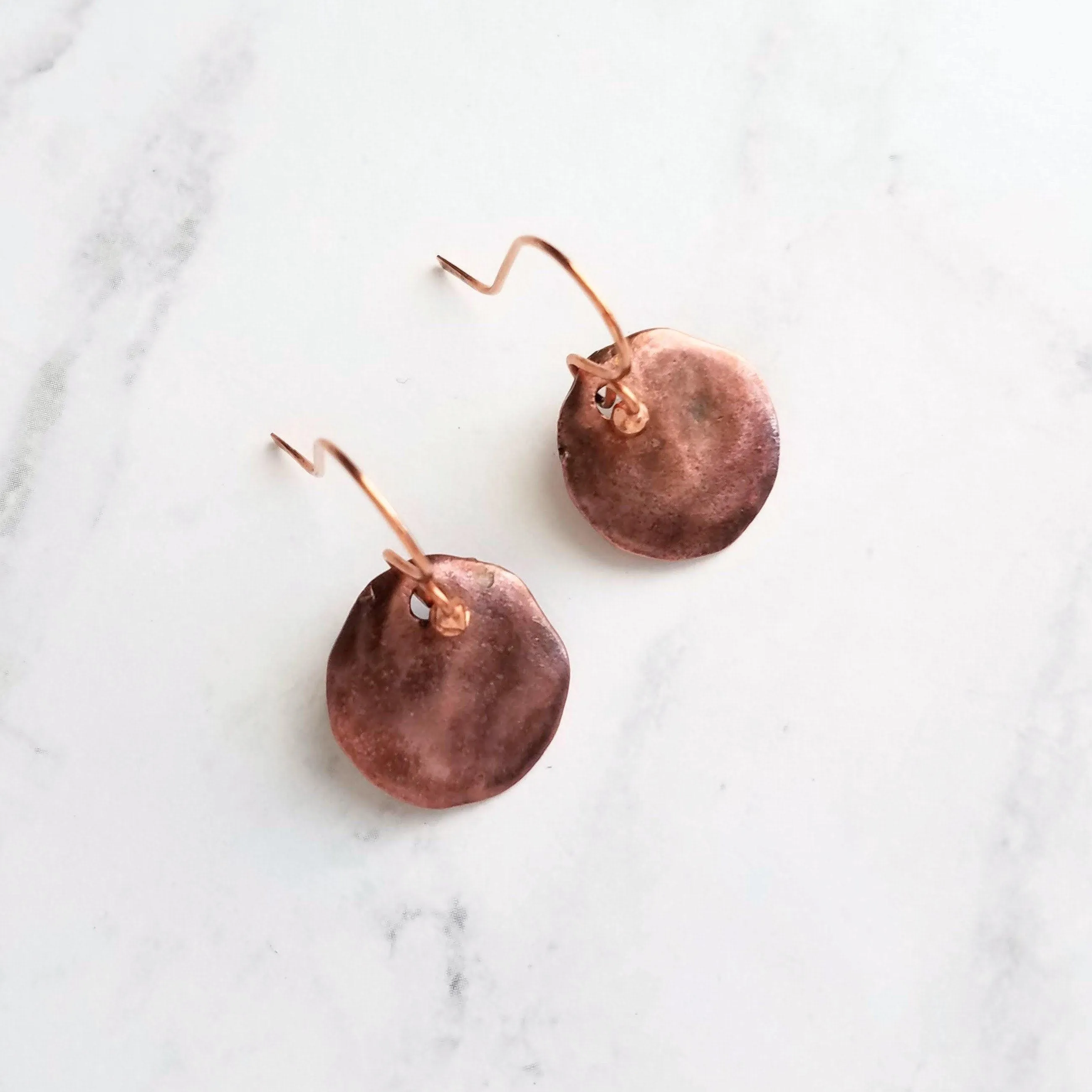 Copper Disk Earrings, copper earrings, rustic earring, wavy disk earring, patina earring, blue green earring, verdigris patina, round disk