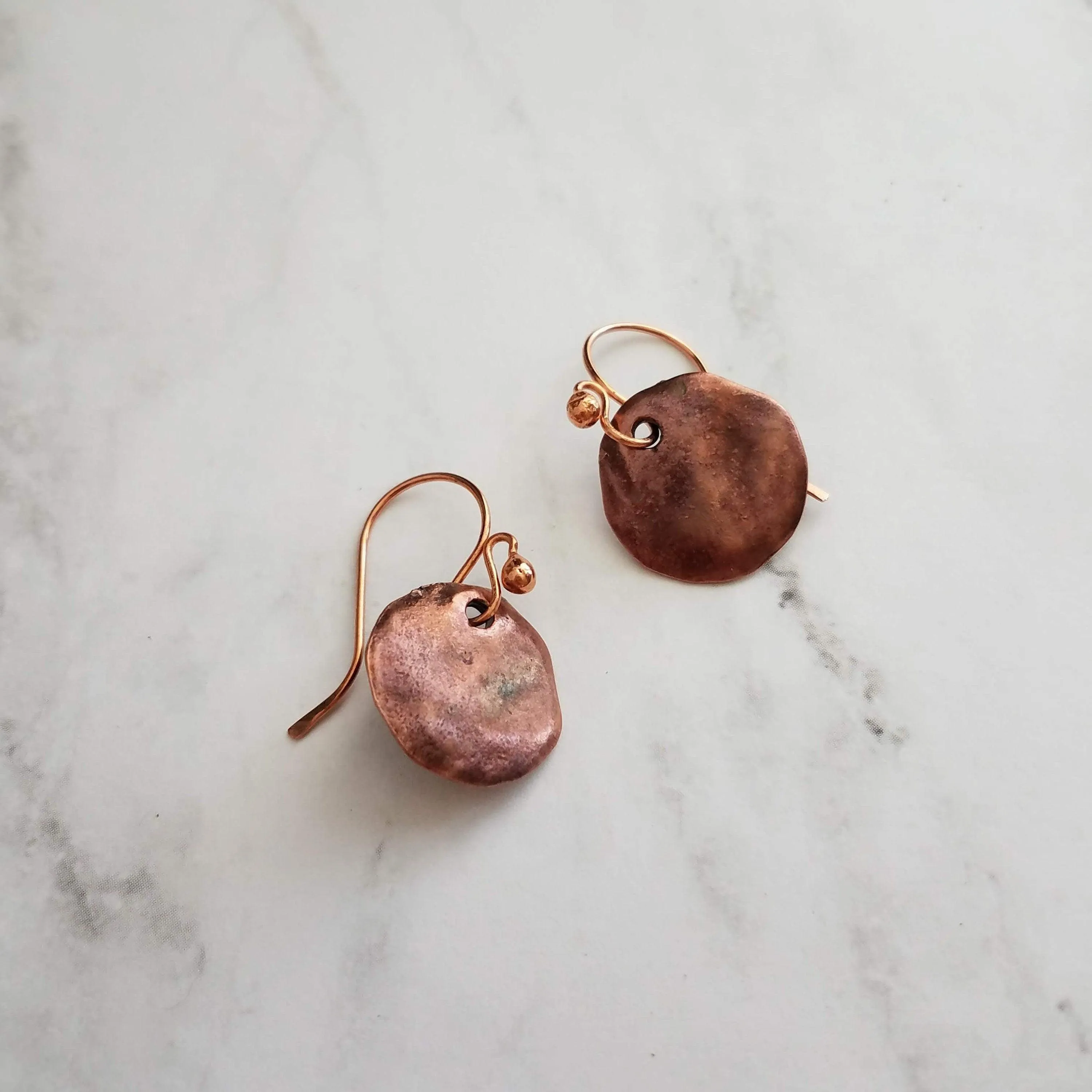 Copper Disk Earrings, copper earrings, rustic earring, wavy disk earring, patina earring, blue green earring, verdigris patina, round disk