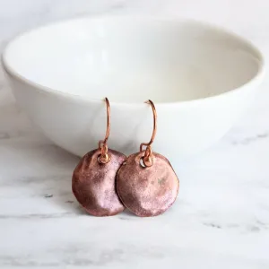 Copper Disk Earrings, copper earrings, rustic earring, wavy disk earring, patina earring, blue green earring, verdigris patina, round disk