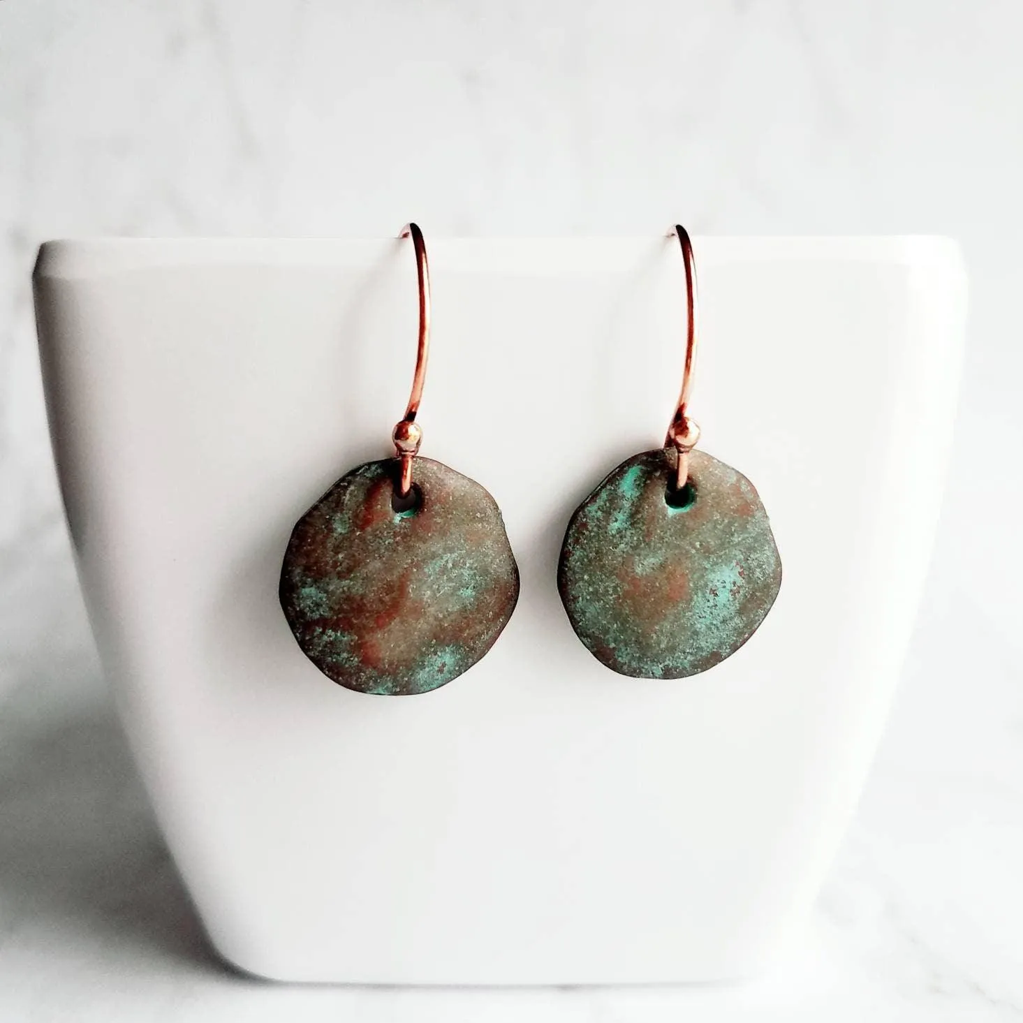 Copper Disk Earrings, copper earrings, rustic earring, wavy disk earring, patina earring, blue green earring, verdigris patina, round disk