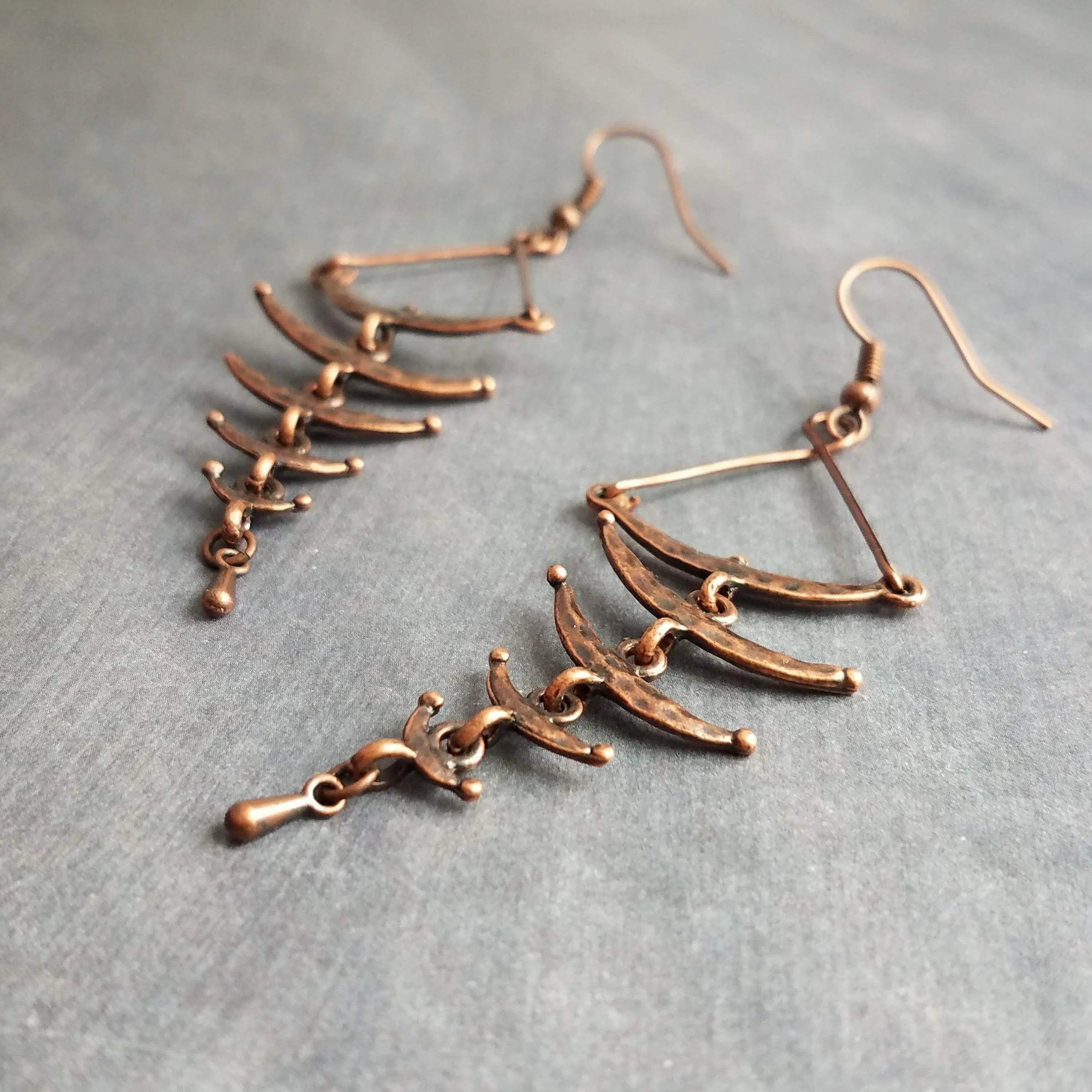 Copper Fishbone Earrings, antique copper chandelier, long copper earrings, 3 inch, hammered copper earrings, fish bone earring, statement