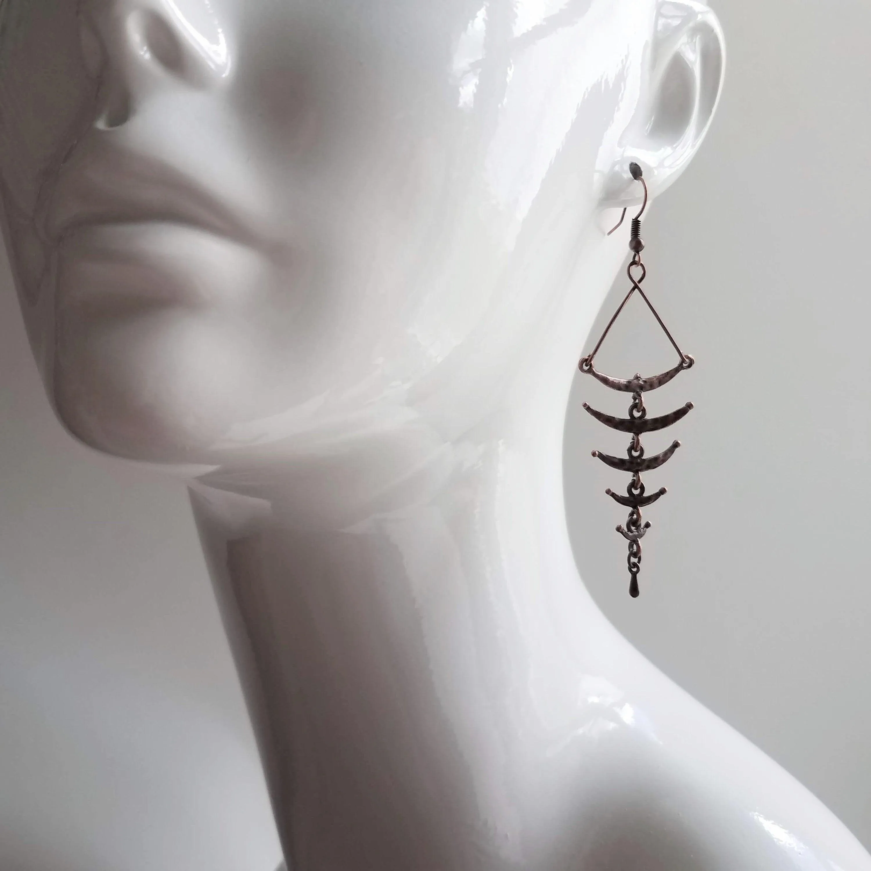 Copper Fishbone Earrings, antique copper chandelier, long copper earrings, 3 inch, hammered copper earrings, fish bone earring, statement