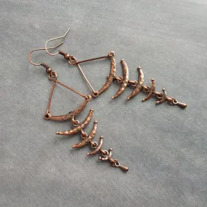 Copper Fishbone Earrings, antique copper chandelier, long copper earrings, 3 inch, hammered copper earrings, fish bone earring, statement