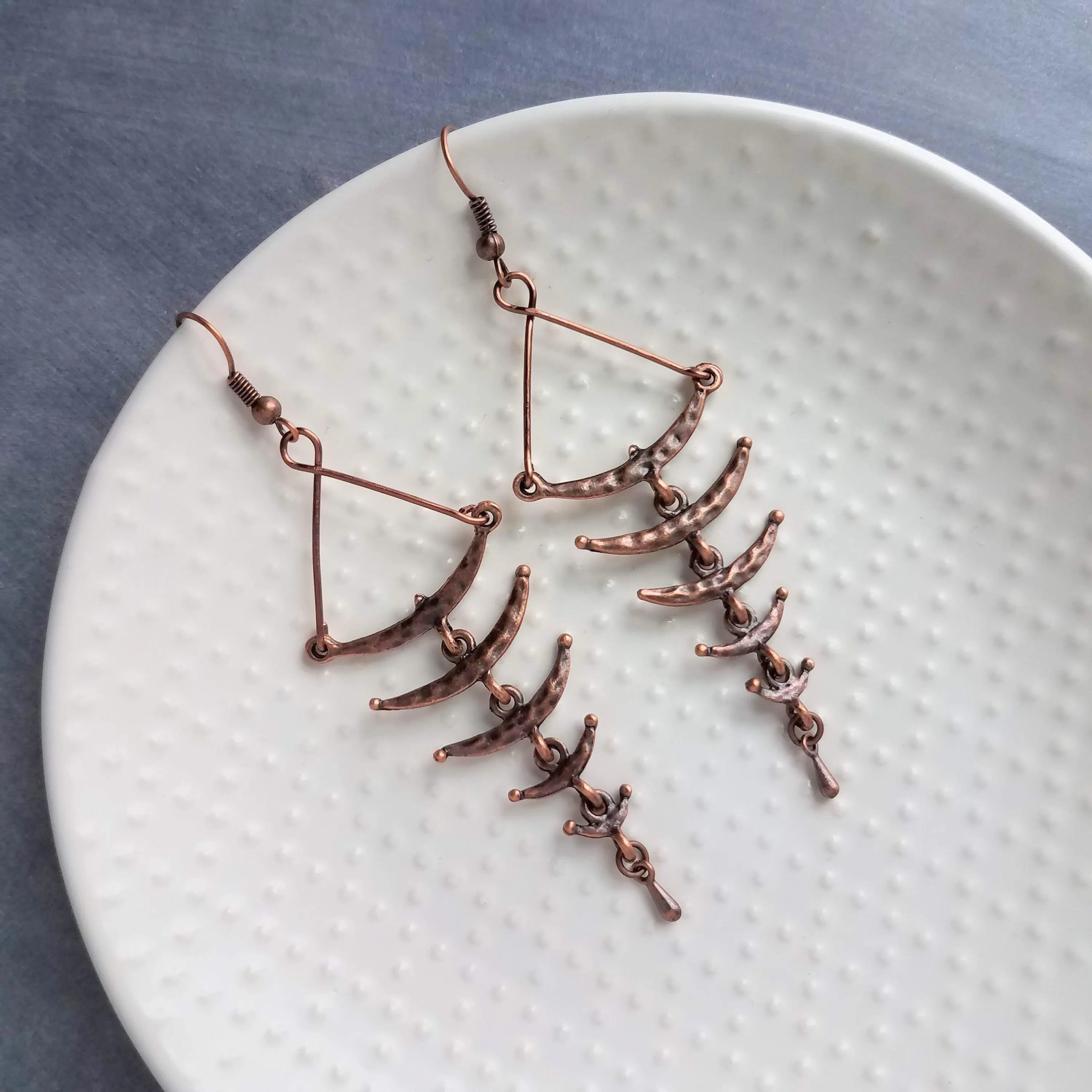 Copper Fishbone Earrings, antique copper chandelier, long copper earrings, 3 inch, hammered copper earrings, fish bone earring, statement