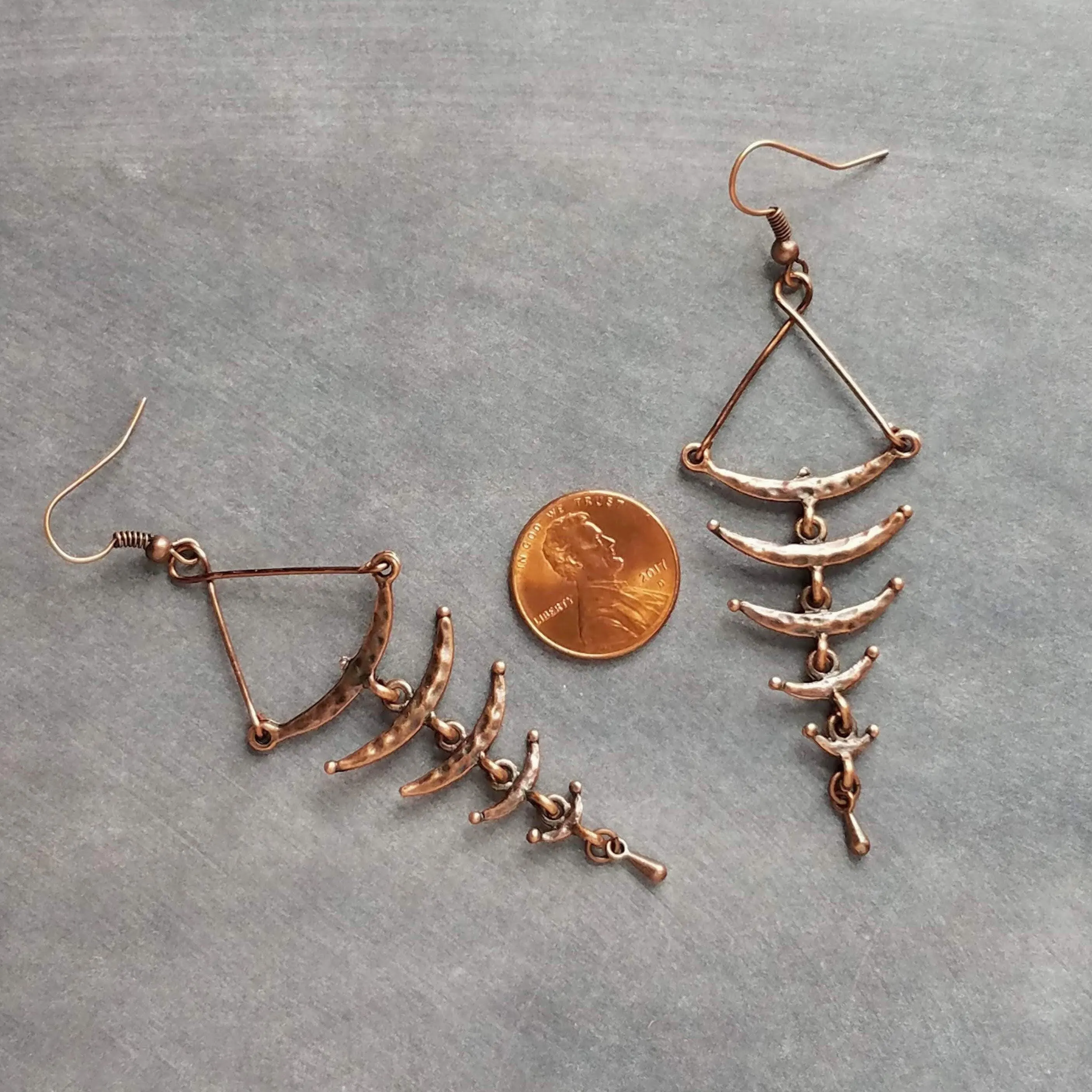 Copper Fishbone Earrings, antique copper chandelier, long copper earrings, 3 inch, hammered copper earrings, fish bone earring, statement