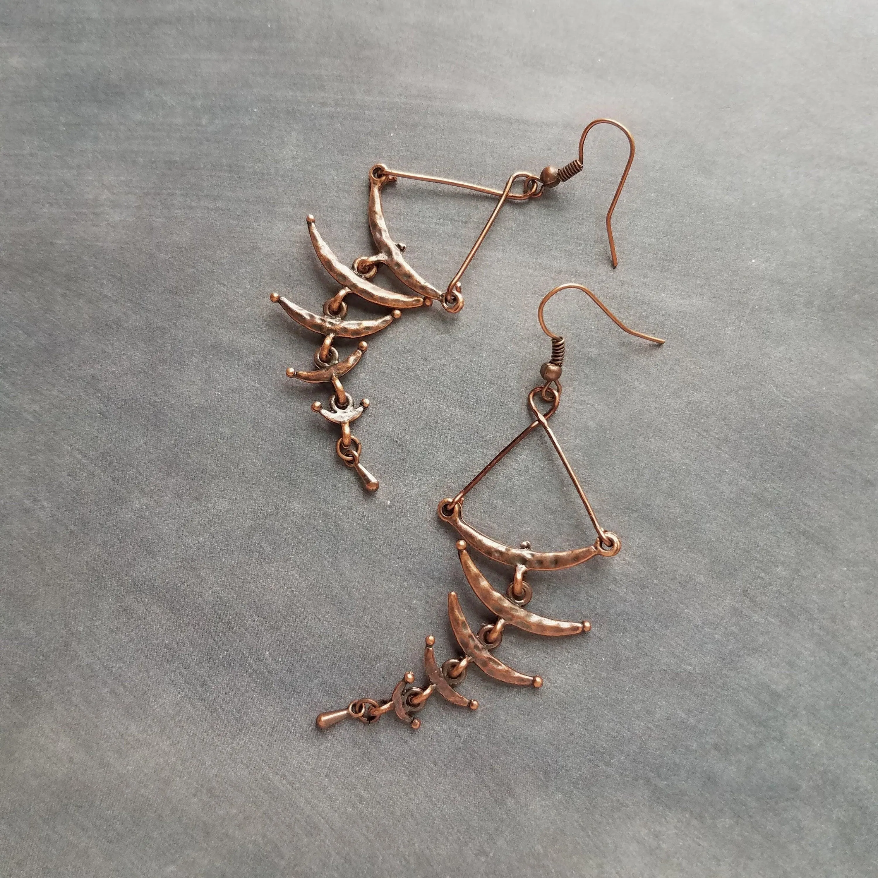 Copper Fishbone Earrings, antique copper chandelier, long copper earrings, 3 inch, hammered copper earrings, fish bone earring, statement