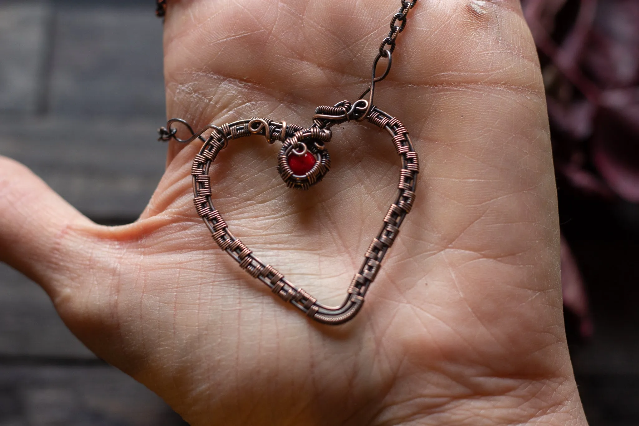 Copper Heart Pendant with Red Fused Glass Accent