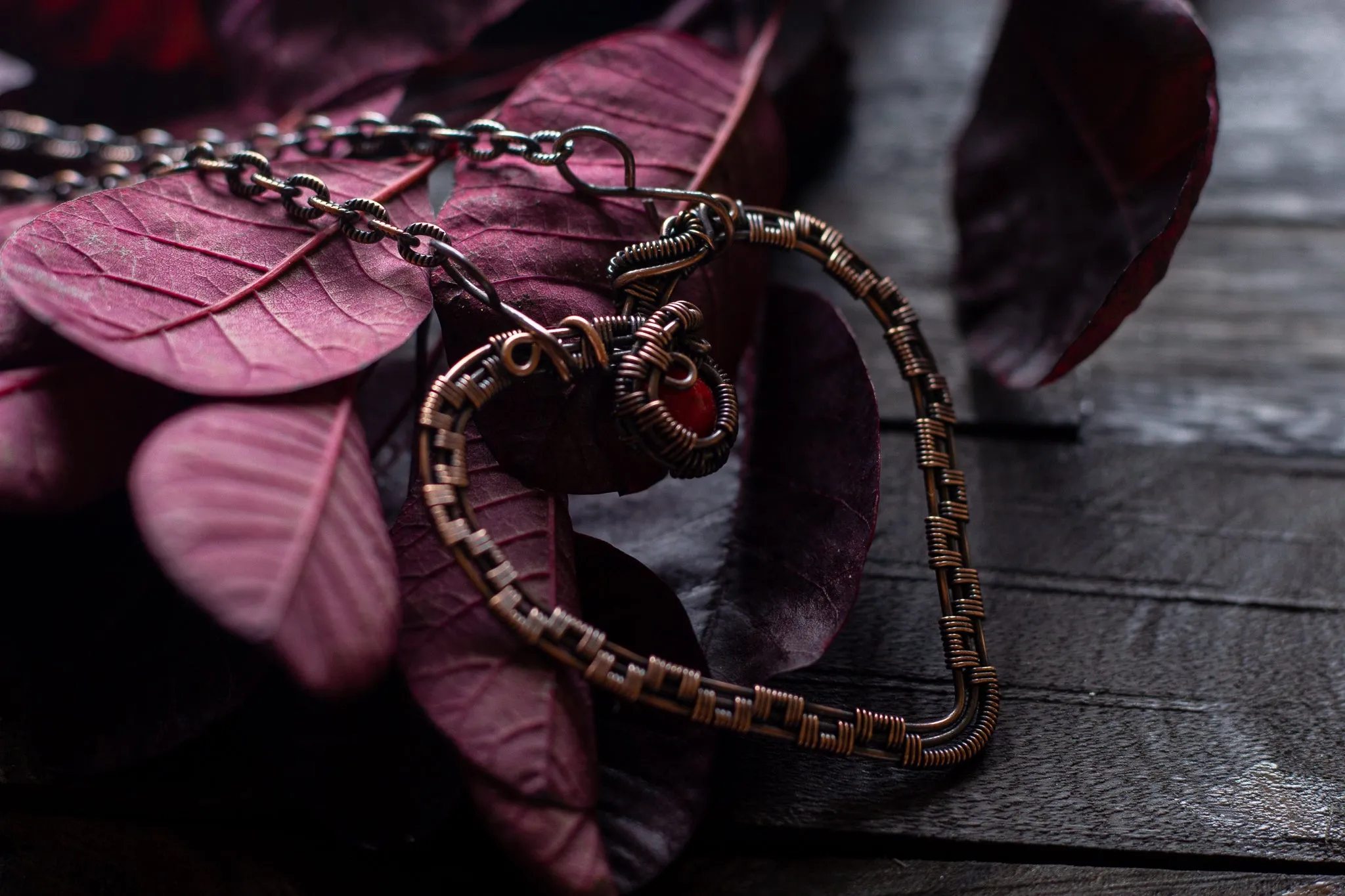 Copper Heart Pendant with Red Fused Glass Accent