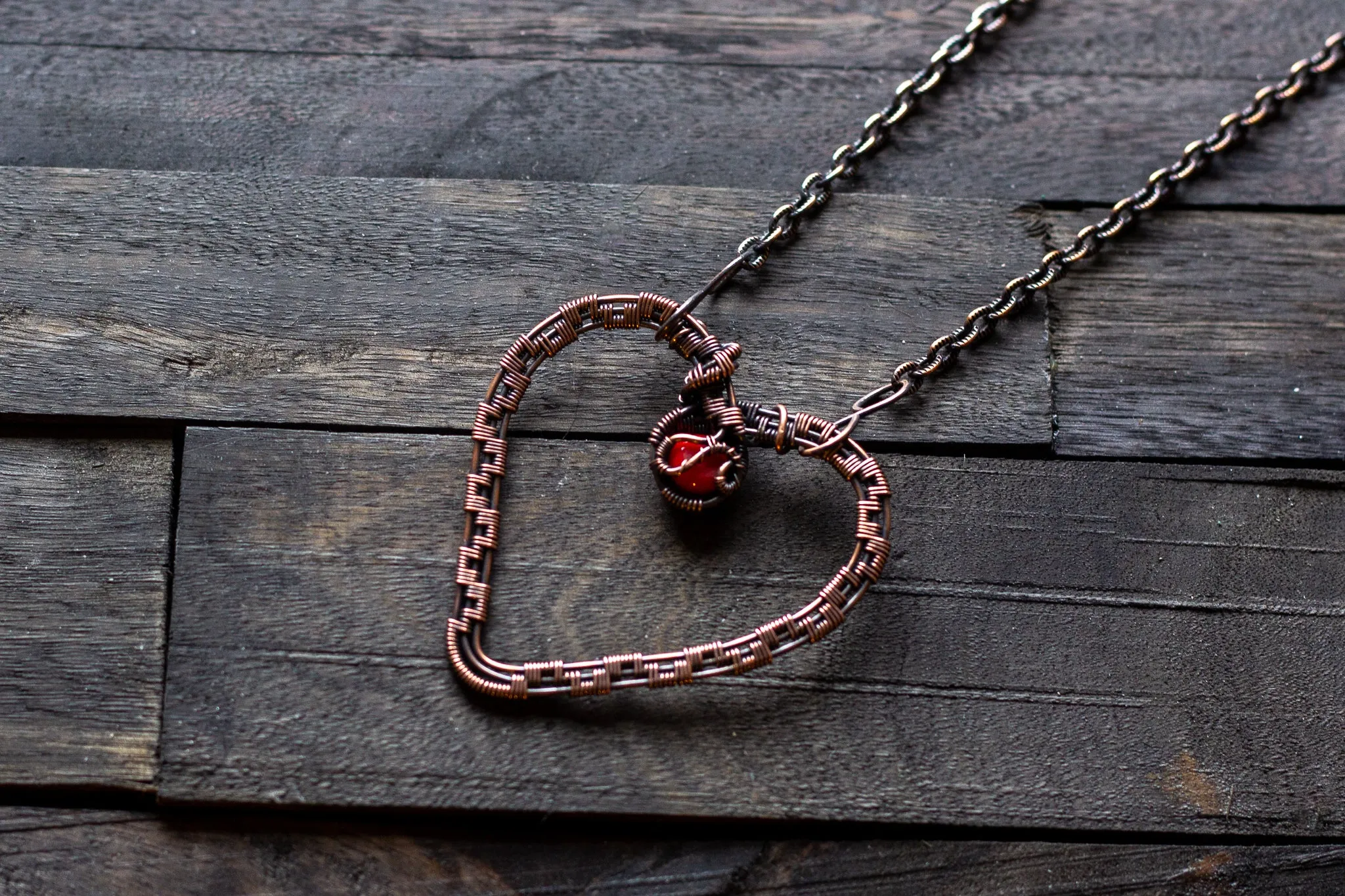 Copper Heart Pendant with Red Fused Glass Accent