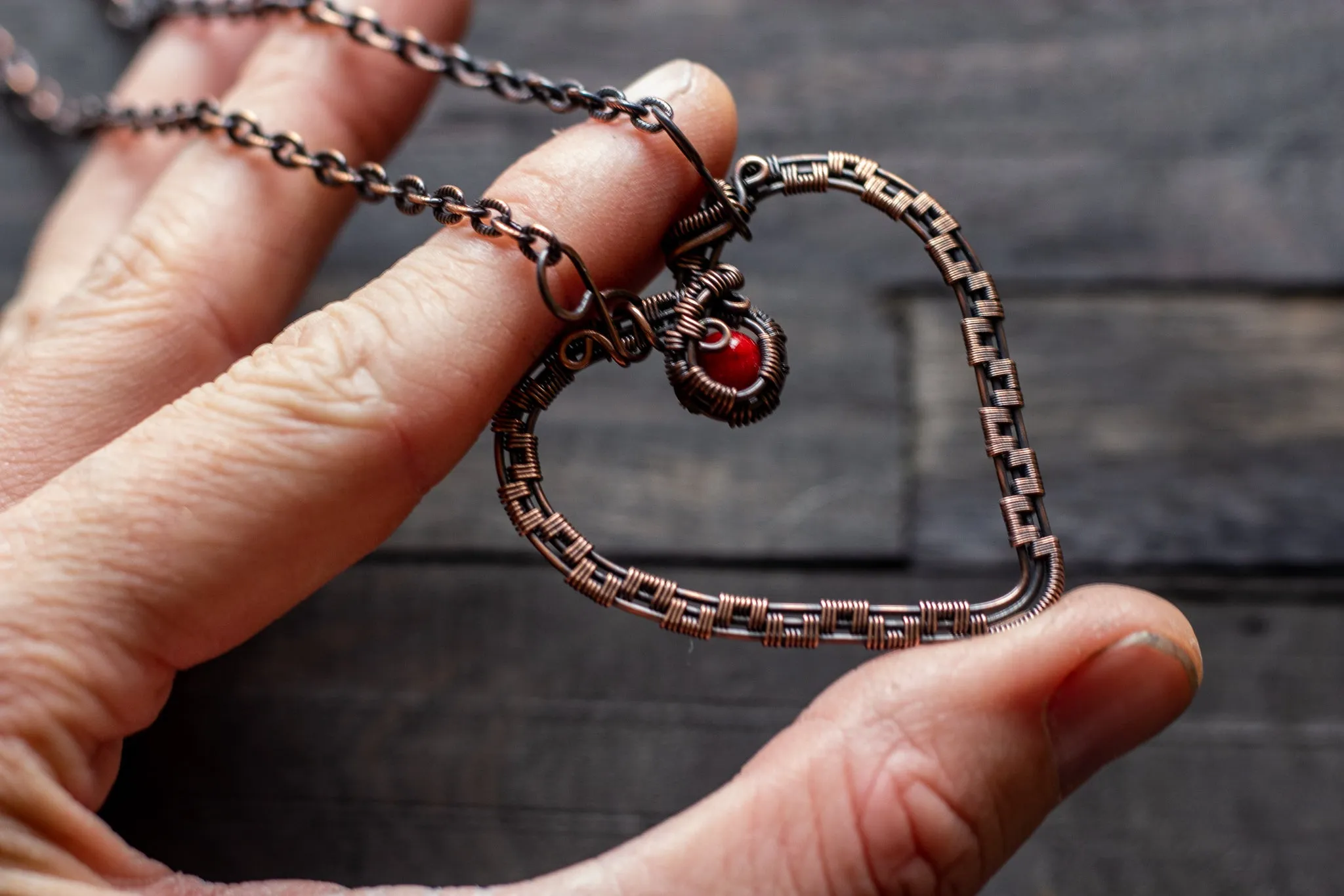 Copper Heart Pendant with Red Fused Glass Accent