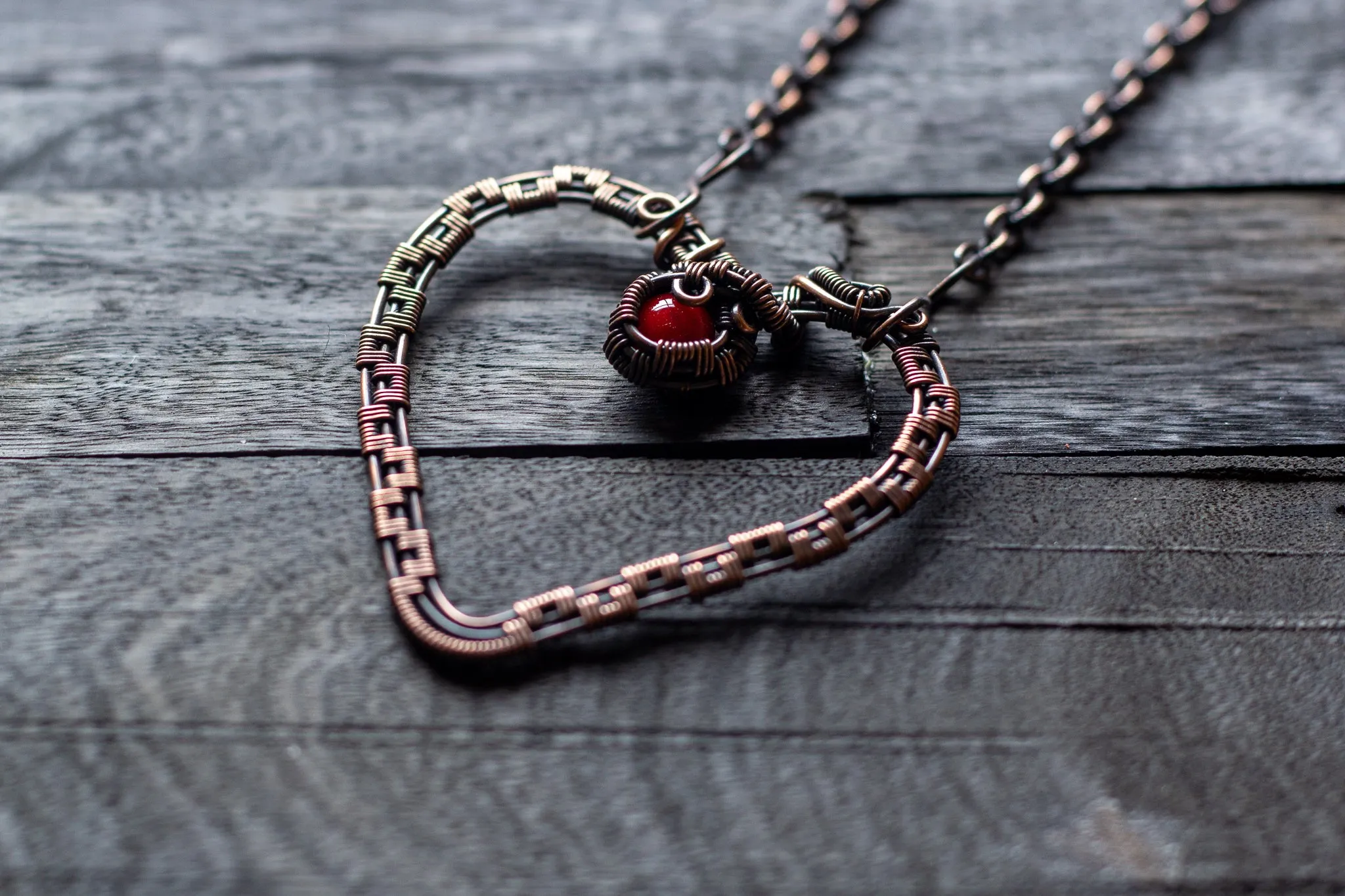 Copper Heart Pendant with Red Fused Glass Accent
