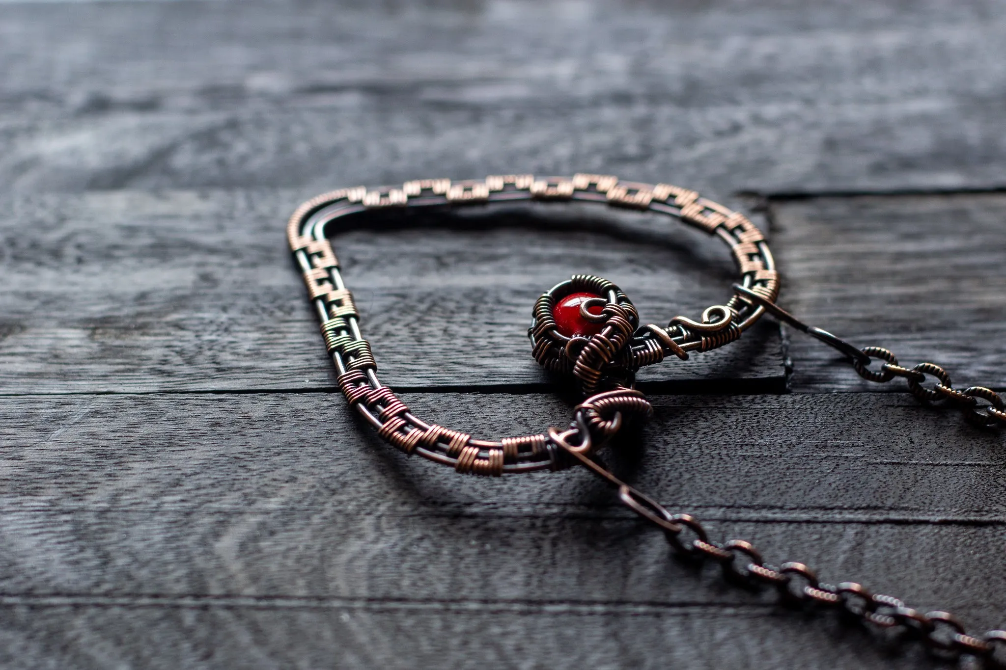 Copper Heart Pendant with Red Fused Glass Accent